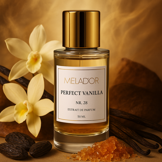 MELAD’OR Perfect Vanilla Nr. 28 Extrait de Parfum 50 ml – Glasflakon mit goldener Kappe, dekoriert mit Vanilleschoten, Vanilleblüten, Tonkabohnen und braunem Zucker