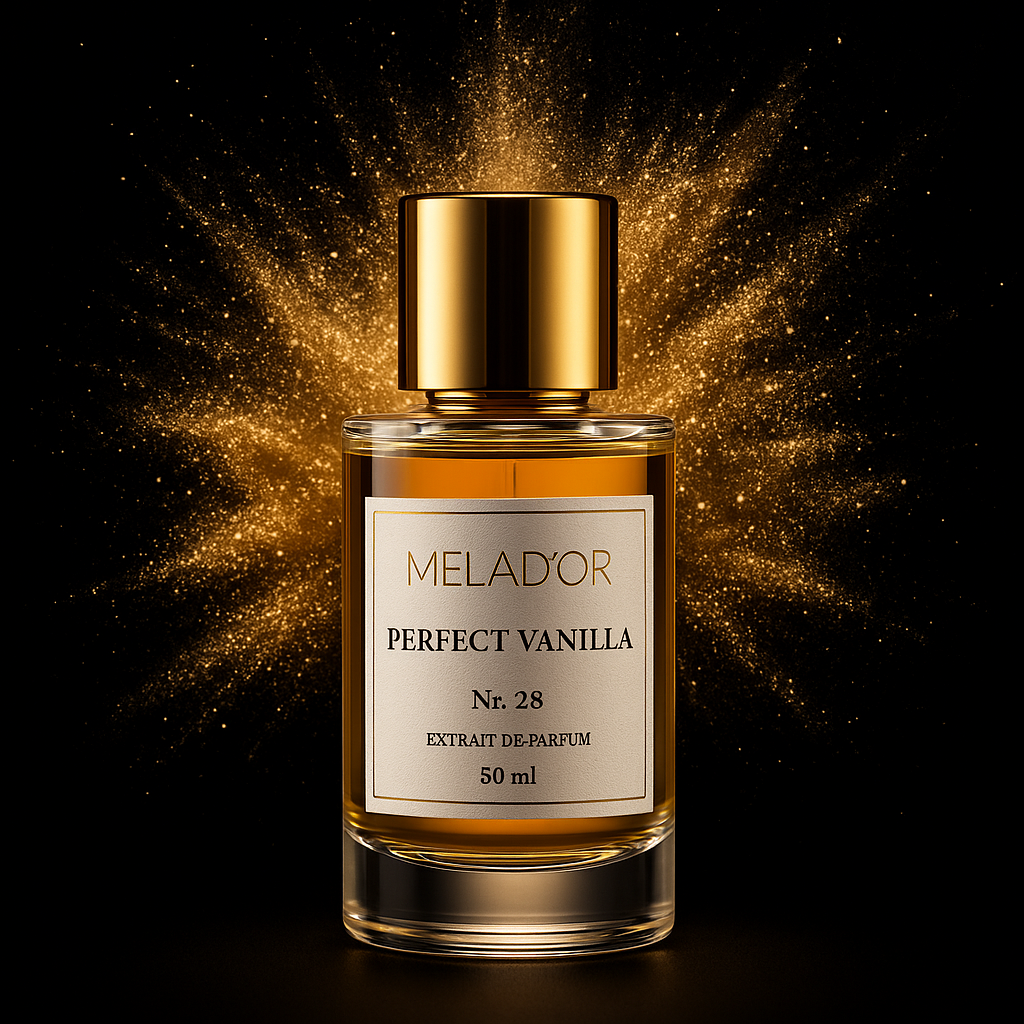 Glasflakon MELAD’OR Perfect Vanilla Nr. 28 Extrait de Parfum 50 ml mit goldener Kappe, vor schwarzem Hintergrund mit goldenen Partikeln